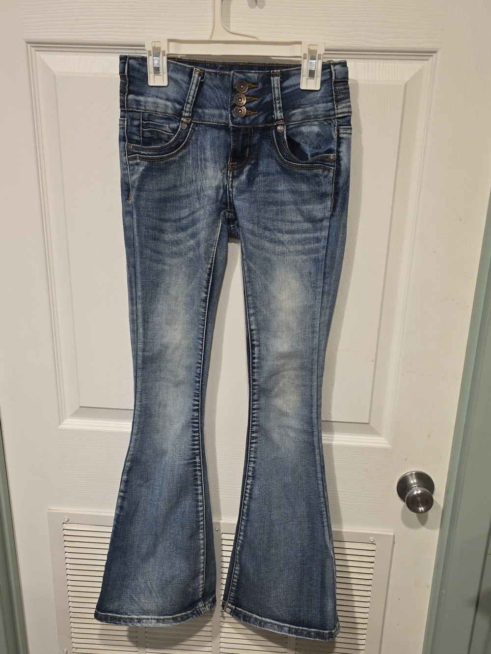 High-Rise Blue Flare Jeans for Women - Washed Denim